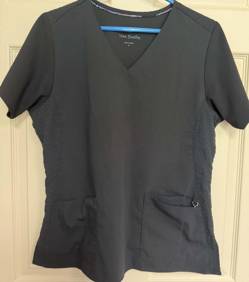 Vera Bradley Scrub Shirt Womens Medium Black V Neck Tunic Pockets Workwear